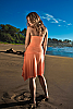 Cocktail dress - strapless - stretch-jersey - hip sash - salmon - front view - Island Importer