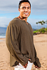 Men's Gauze Linen Long Sleeve Dark Green Beach Shirt Open V-Neck