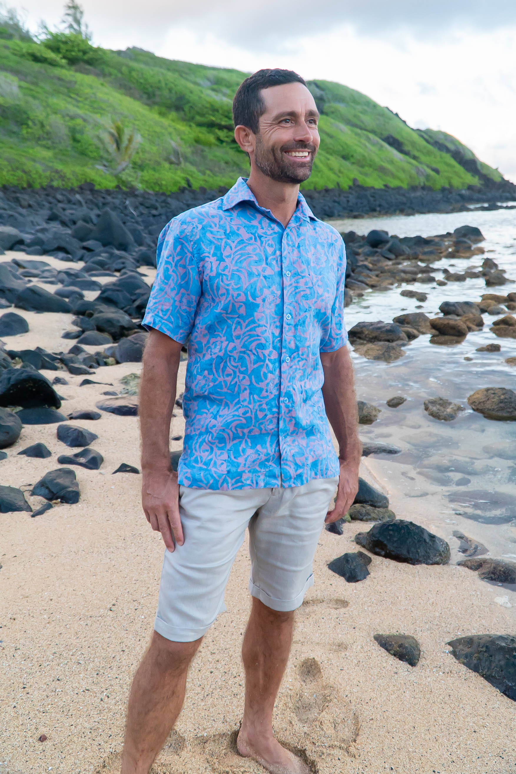 Men's Batik Linen Short Sleeve Shirt - Blue Bayou - Island Importer