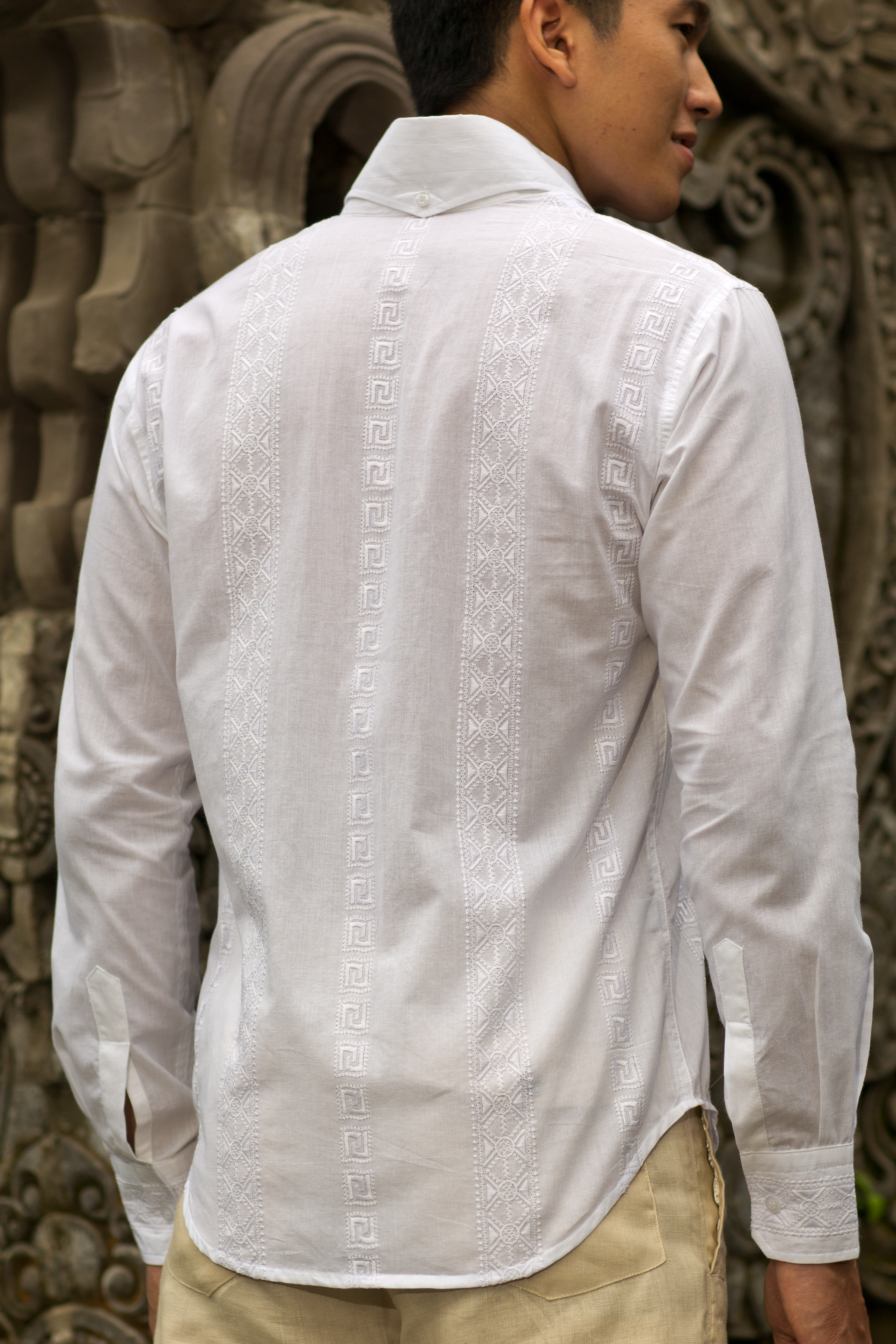 Mens Cotton White Long Sleeve Shirt Beach Wedding Weave Back 