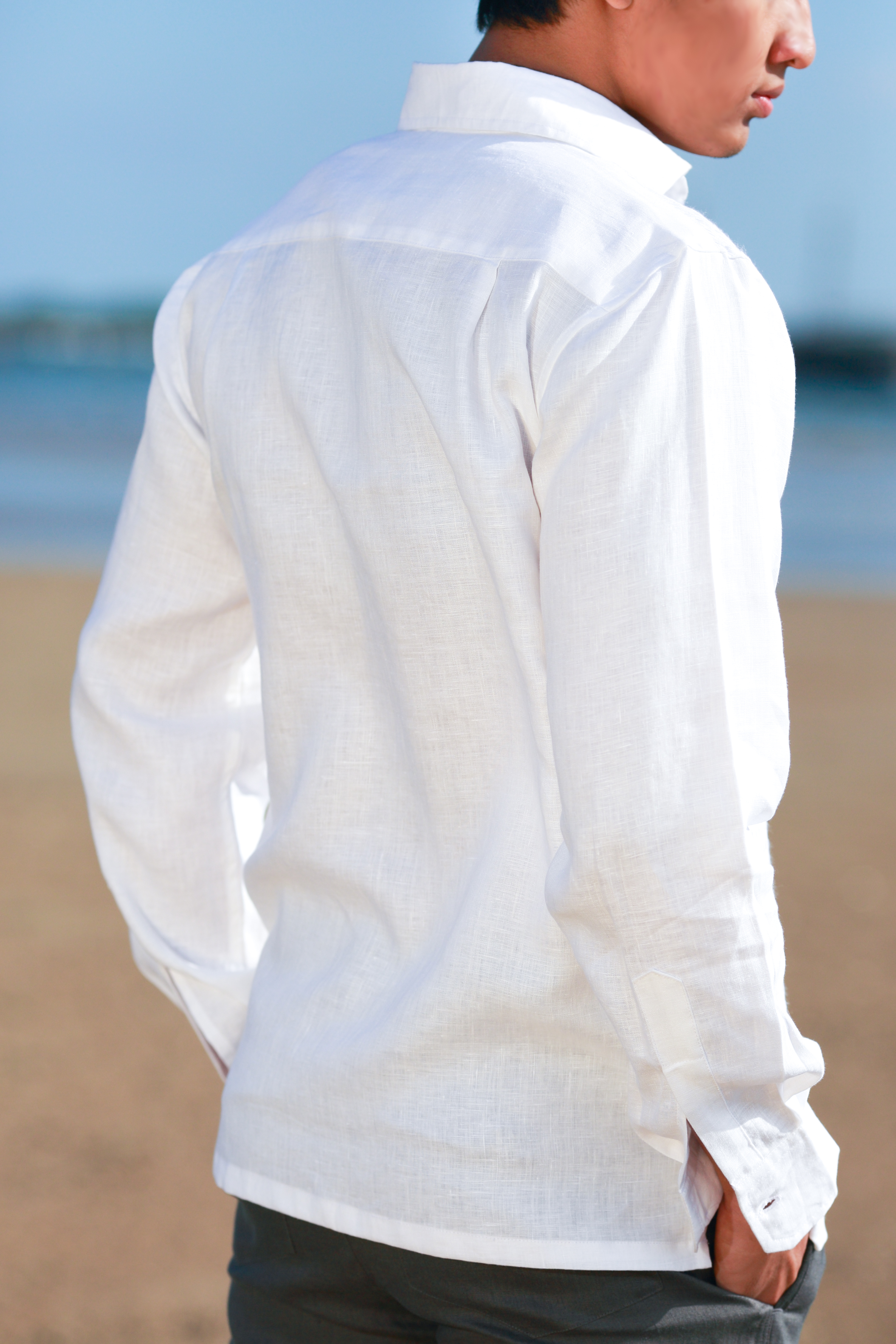 Men's White Linen Long Sleeve Shirt - Hand-Stitched Design - Island