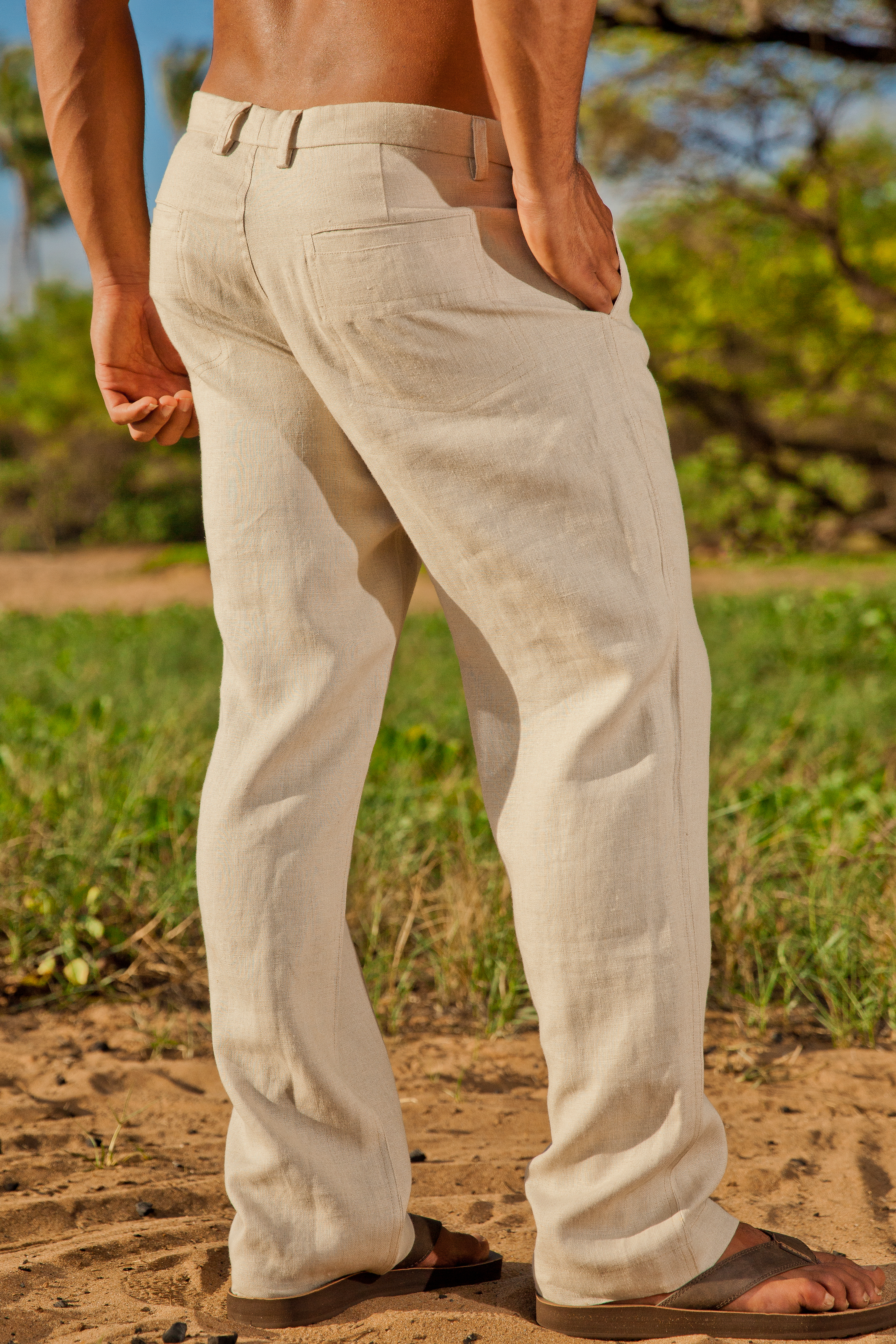 Men's Linen Italian Pants Natural (Khaki) Beach Wedding Back Slit Pockets