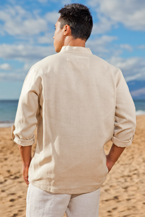 Men's Linen Open V-Neck Long Sleeve Tunic Shirt - White