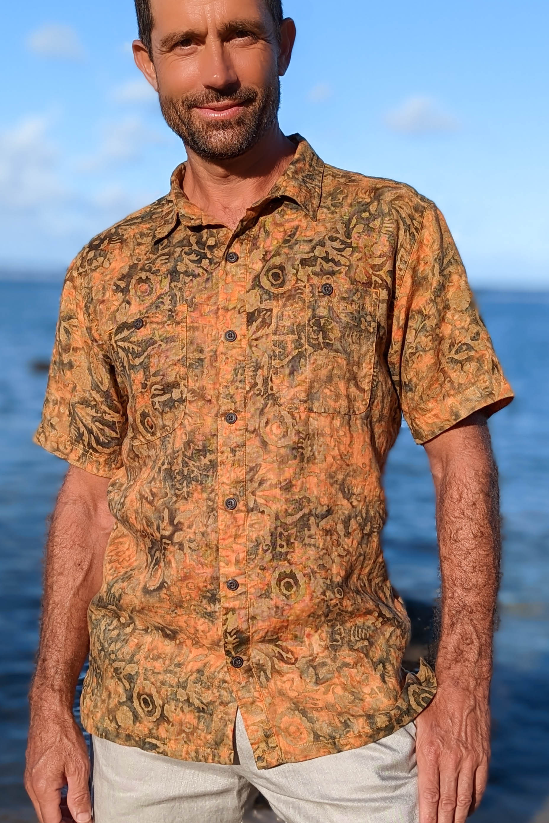 Men's Batik Linen Short Sleeve Harbor Shirt - Forest Flame - Island Importer
