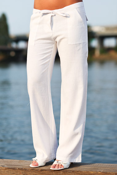 Linen Island Pants for Women, Drawstring Waist, White