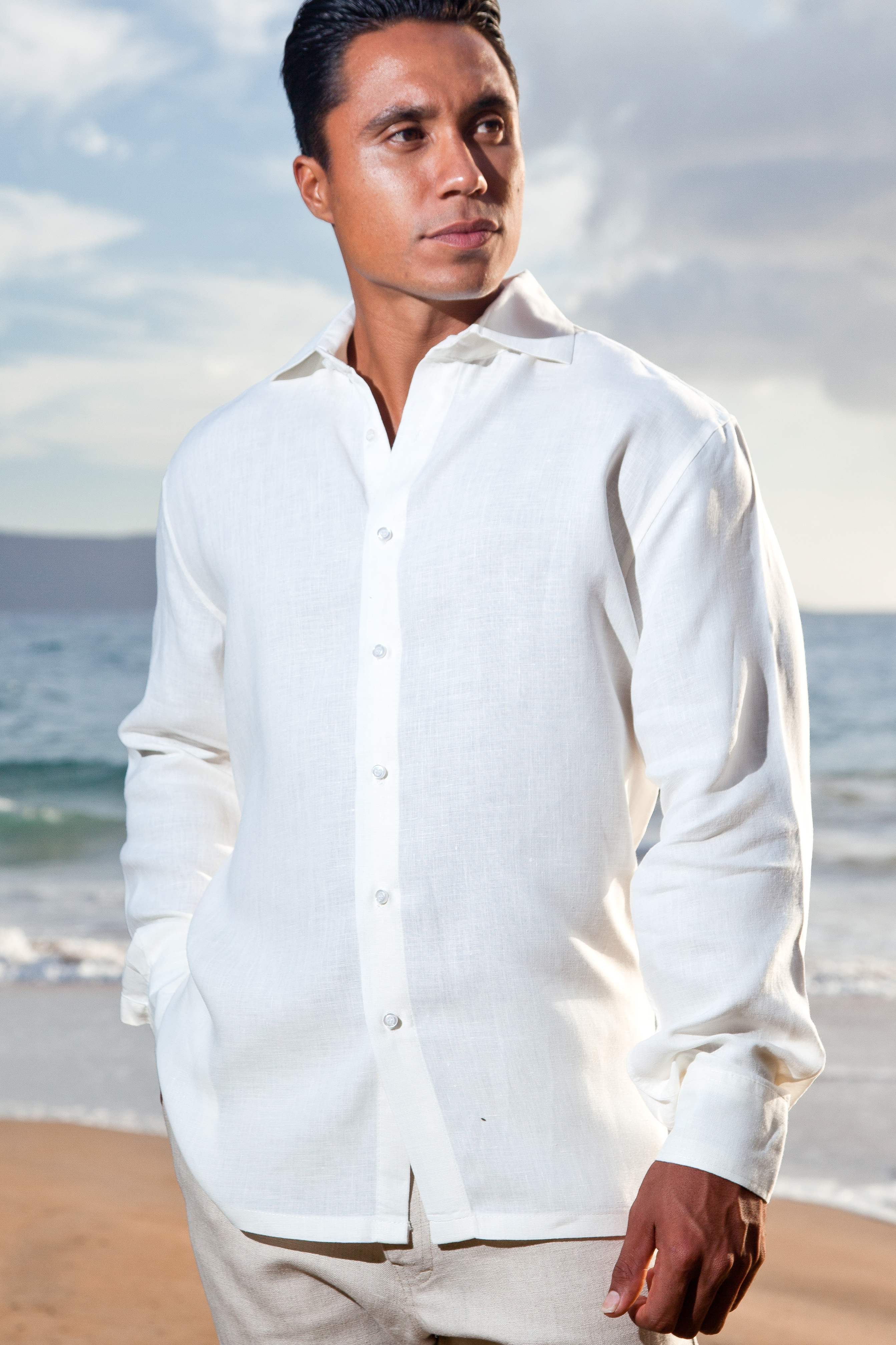 Mens Linen Oasis Shirt, Long Sleeve, V-neck