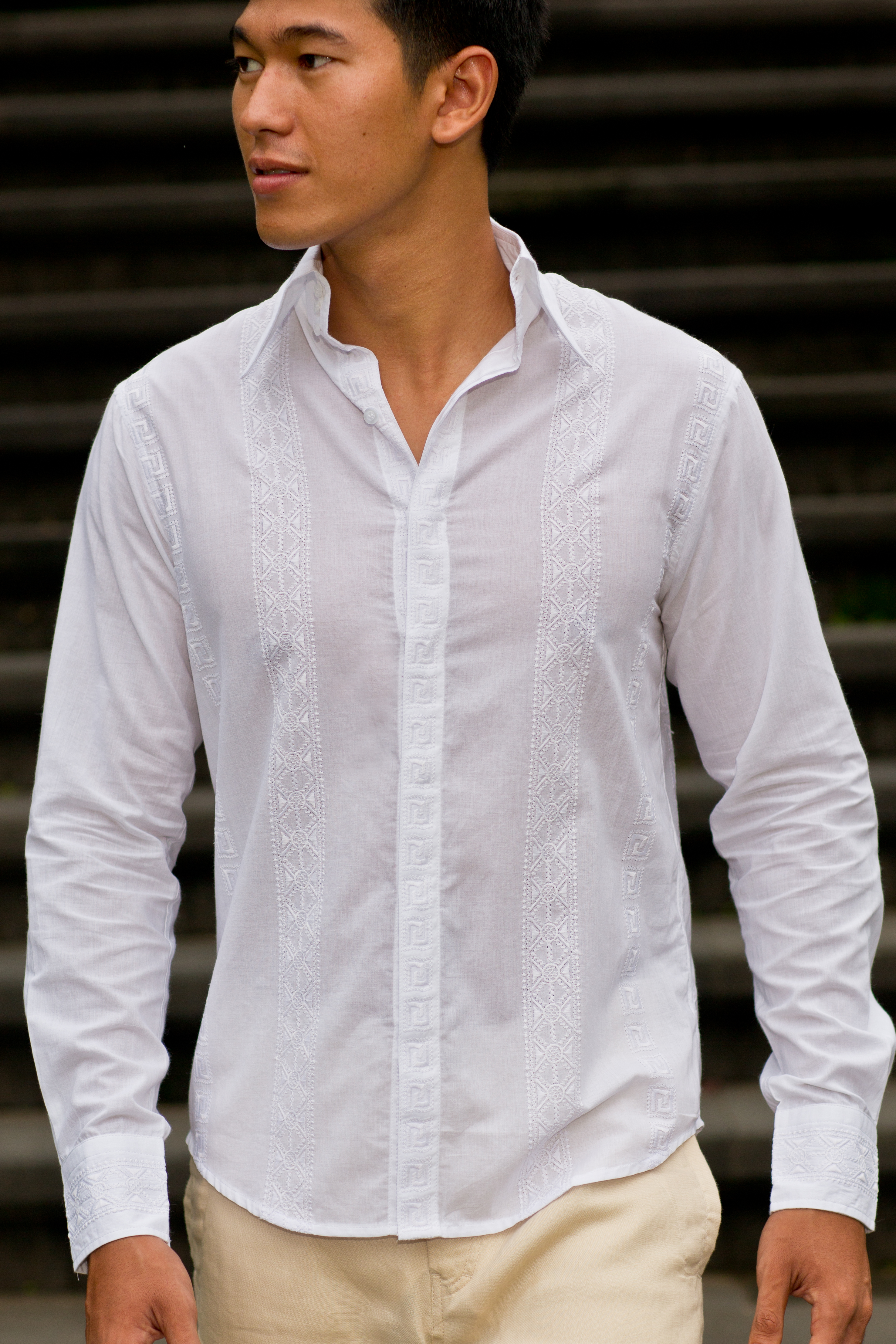 Men's Cotton White Long Sleeve Textured Panel Shirt - Beach Wedding