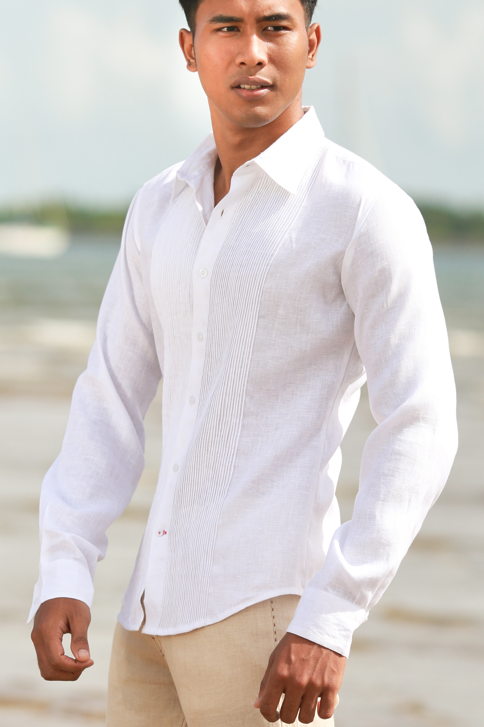 White linen long sleeve shirt with four pockets