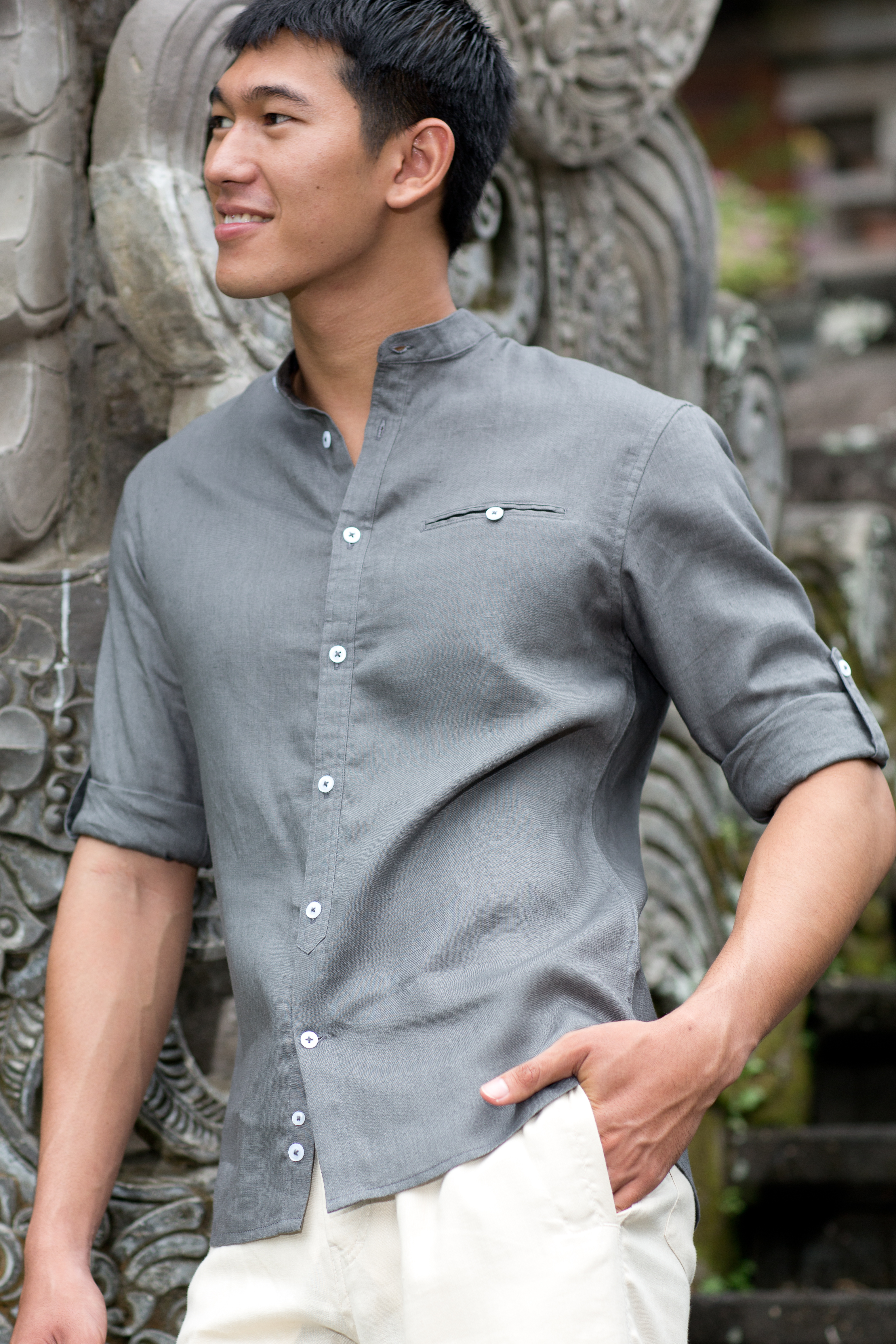 Men's Linen Verona Shirt - Banded Collar - Island Importer