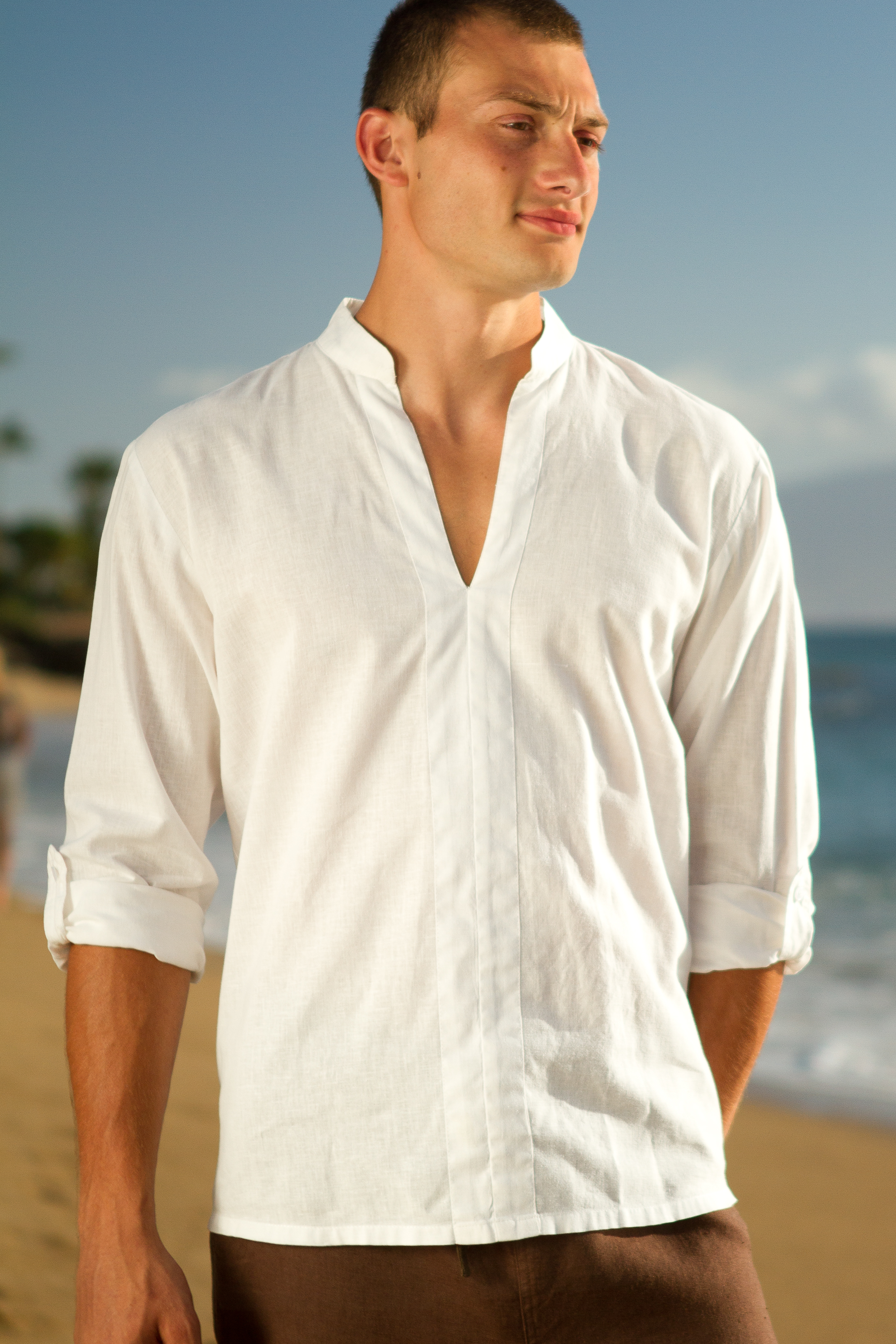 Linen Open V-Neck Long Sleeve Shirt ...