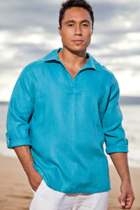 Men's Linen Long Sleeve Pullover Sea Green Shirt