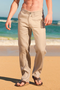 Men's Slim Fit Natural (Khaki) Linen Pants Beach Wedding