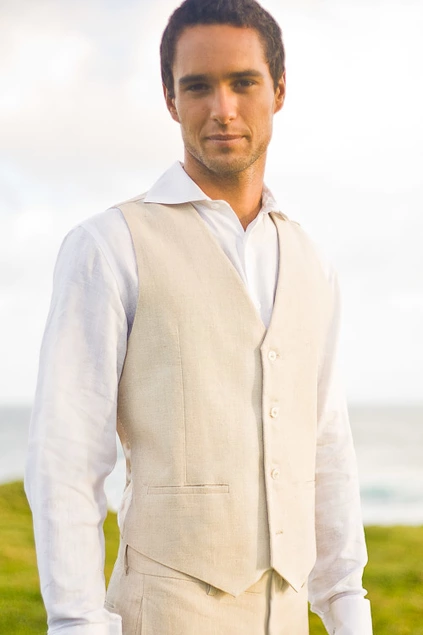 Men's Linen Natural Suit Vest Beach Wedding Front