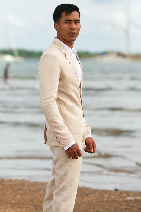 Men's Custom Natural Linen Suit Beach Weddings & Grooms Side